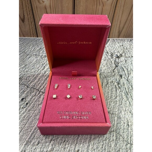 NEW IN BOX Olivia And Jackson 4 Earrings Set 925 Silver Cubic Zirconia Opalite - Picture 6 of 9